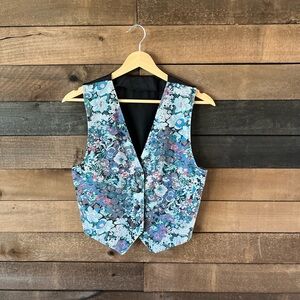 Vintage Floral Tapestry Vest Blue Pink Jacquard Cottagecore Layering Piece